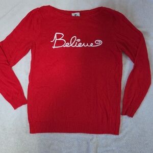 Red Women's Sweater with 'Believe' Design